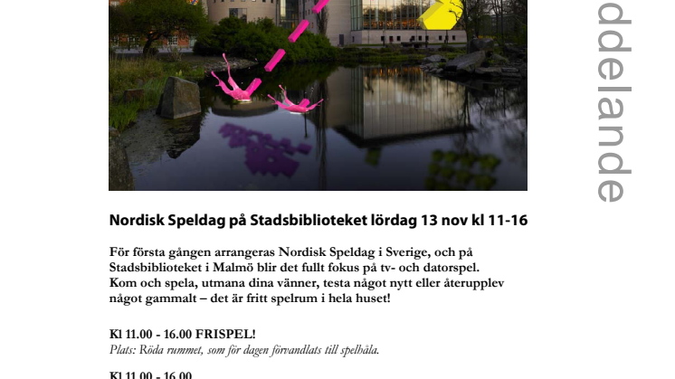 Nordisk Speldag på Stadsbiblioteket lördag 13 nov kl 11-16