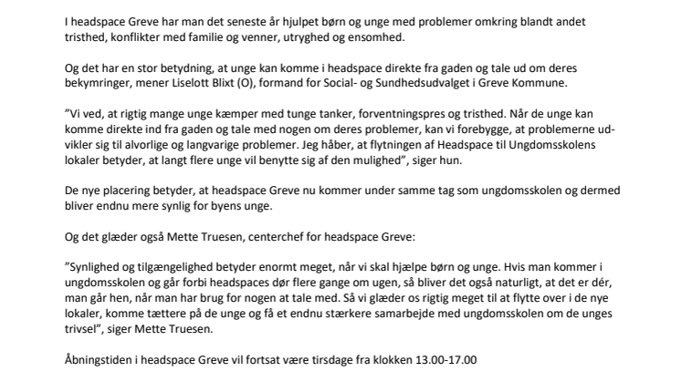 headspace Greve flytter i nye lokaler