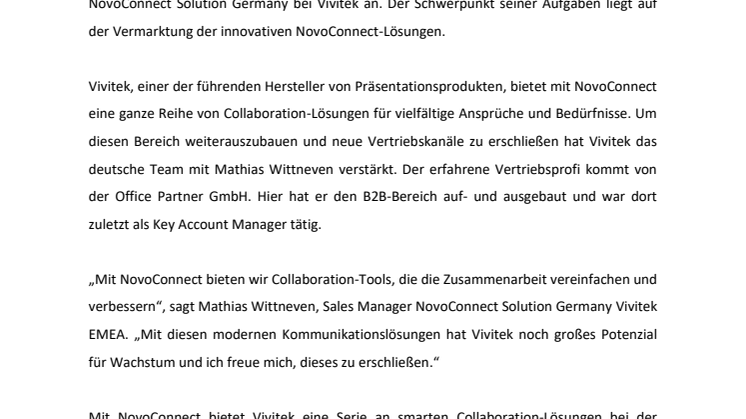 MATHIAS WITTNEVEN WIRD SALES MANAGER BEI VIVITEK