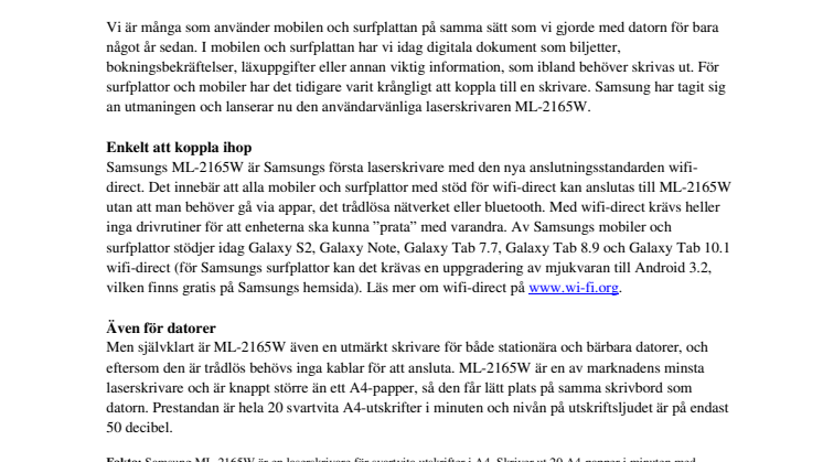 Koppla ihop och skriv ut: Samsung lanserar laserskrivare för surfplattor och mobiler