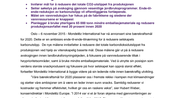 Mondelēz International akselerer sine klimaendringstiltak med nye globale bærekraftmål for 2020