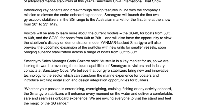 Smartgyro to Debut Stabilizer Range at Sanctuary Cove