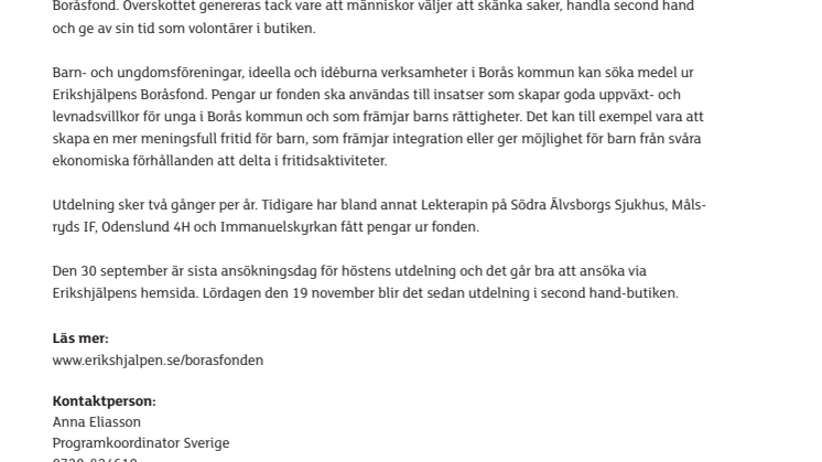 Dags att söka pengar ur Erikshjälpens Boråsfond