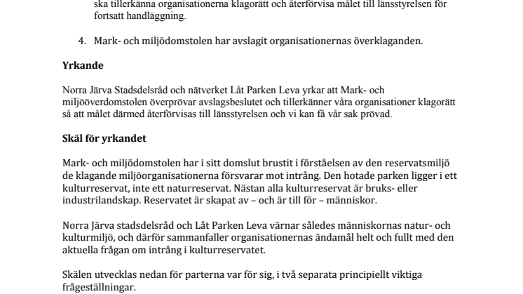 Mark- och miljödomstolen - Järvas överklagande okt 2020