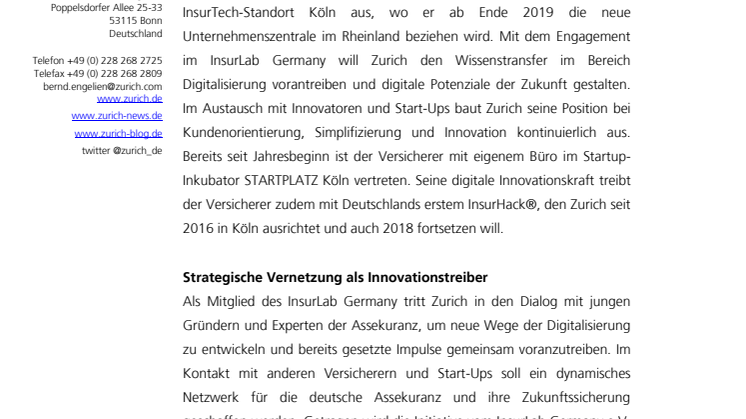 Zurich tritt InsurLab Germany bei
