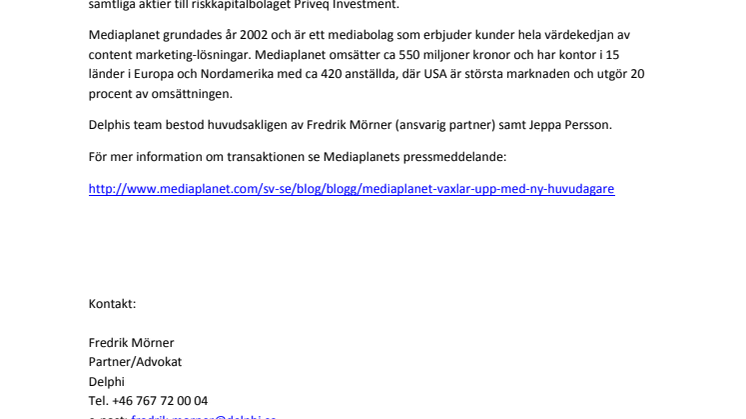 Delphi rådgivare till säljarna av Mediaplanet International AB