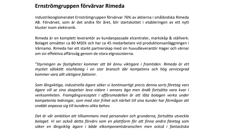 Ernströmgruppen förvärvar Rimeda