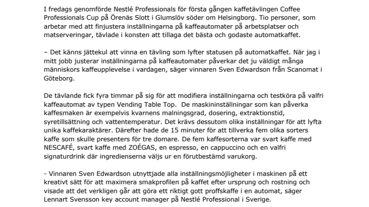 Sven Edwardson från Göteborg vinnare i Coffee Professionals Cup