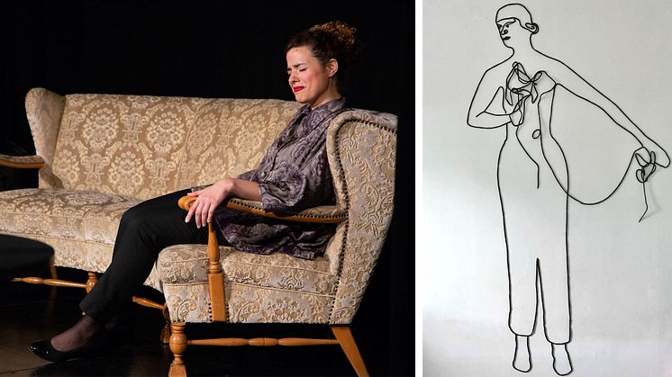 På bild 1: Noah Mousbah i föreställning Stockholm Syndrome. På bild 2: ”I don’t need a man, I need a hero” av Josefine Axelsson. Noah och Josefine är två av tio som tilldelas arbetsstipendium av Kulturnämnden i Helsingborg 2021.
