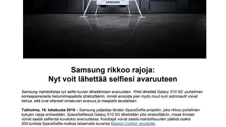 Samsung rikkoo rajoja: Nyt voit lähettää selfiesi avaruuteen