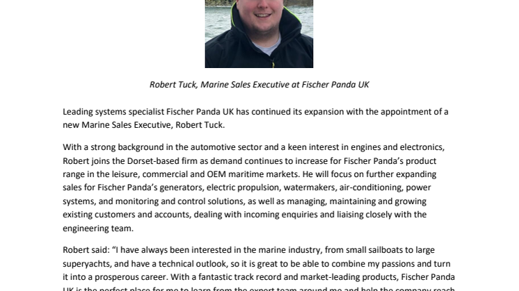 Fischer Panda UK: Fischer Panda UK Expands Sales Team with Appointment of New Marine Sales Executive