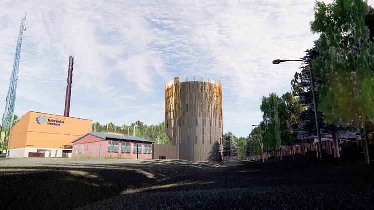 Ackumulatorn kommer att klädas med 830 vertikala aluminiumlameller som skimrar i brunt och guld. Färger har valts i paritet med den befintliga byggnaden på plats vid hetvattencentralen i Lambohov. Illustration: White Arkitekter