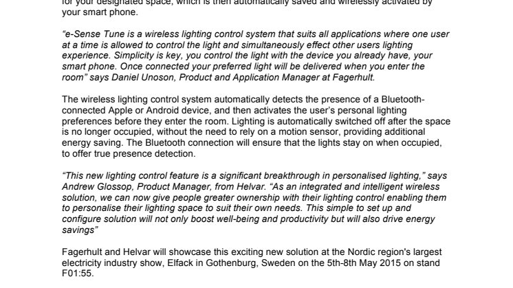 Helvar and Fagerhult develop personal, wireless lighting control solution together