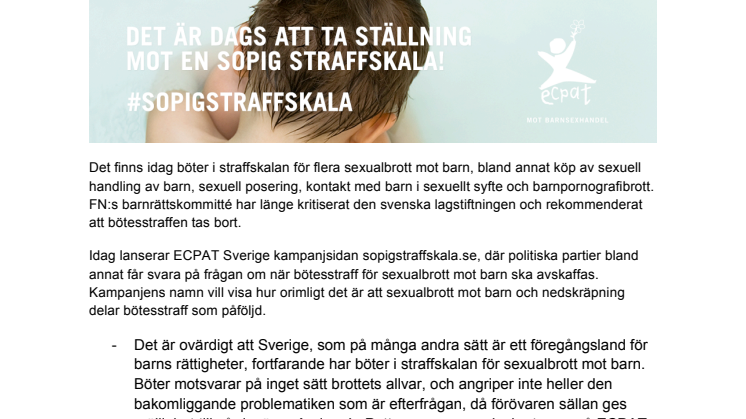 ECPAT: Ta bort bötesstraff för sexualbrott mot barn