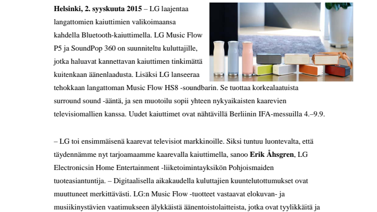 LG:N TUOTTEITA IFA 2015 -MESSUILLA: HAUSKANMALLISIA KANNETTAVIA KAIUTTIMIA JA TYYLIKÄS KAAREVA SOUNDBAR