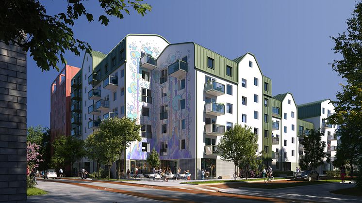 Såhär kommer ByggVestas hus i Rosendal att se ut med Lex Zooz muralmålning. Bild: Mir/Utopia.