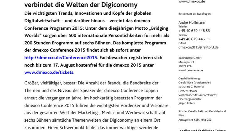 Das Programm steht: dmexco Conference 2015 verbindet die Welten der Digiconomy
