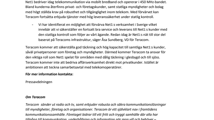 Teracom förvärvar Net1