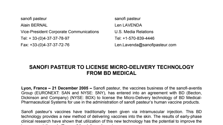 SANOFI PASTEUR TO LICENSE MICRO-DELIVERY TECHNOLOGY