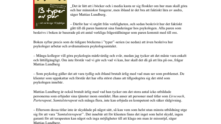 NY BOK: 13 typer av par - och vad de säger till psykologen
