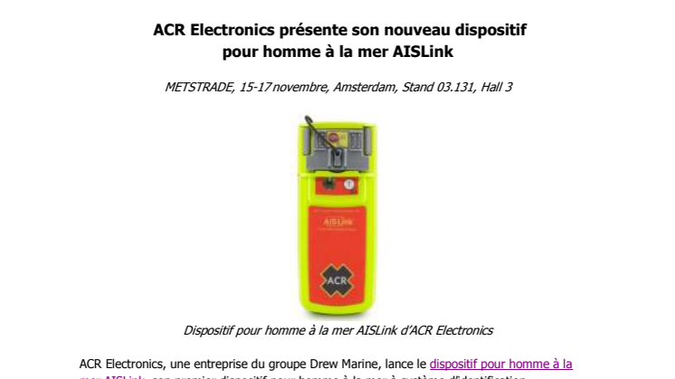 ACR Electronics présente son nouveau dispositif pour homme à la mer AISLink