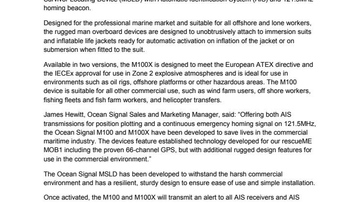 Ocean Signal: Announces European Approval for New M100 MSLD