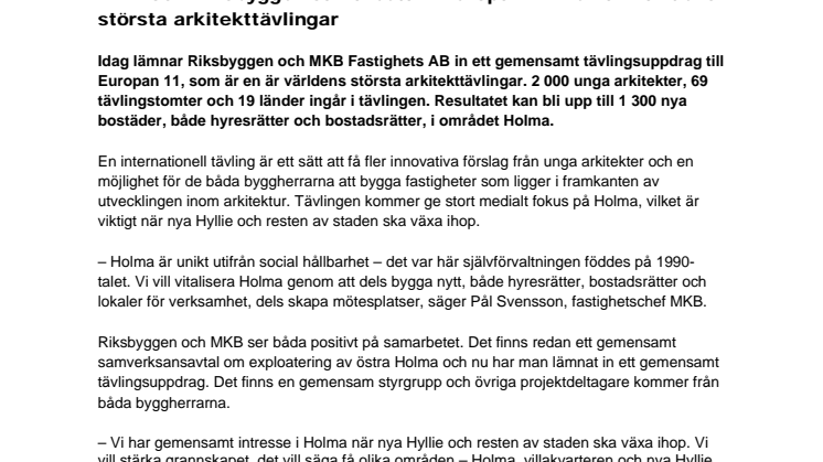 MKB och Riksbyggen samarbetar i Europan 11 – en av världens största arkitekttävlingar
