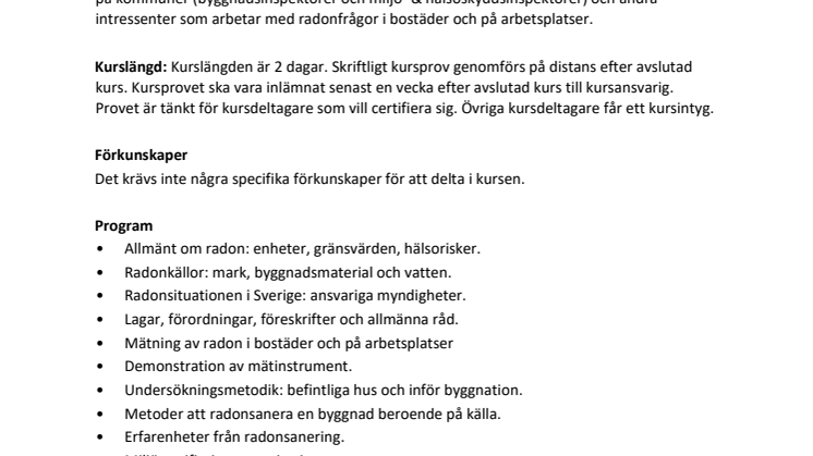 Radonkurs - Radon i Byggnader 7-8 oktober 2019 - Anmäl dig redan idag