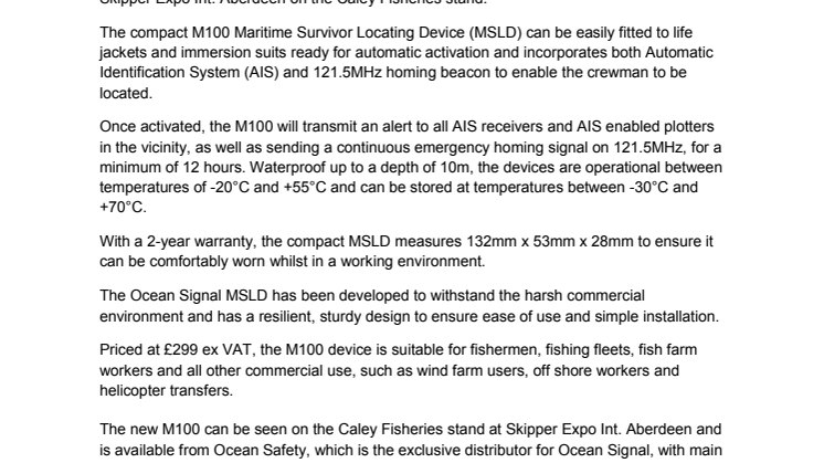 Ocean Signal Introduces M100 MSLD Man Overboard Device To Fishing Crews At Skipper Expo    