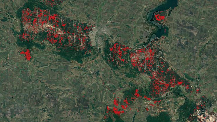 Satellitbild över skogsskador i östra Ukraina. 