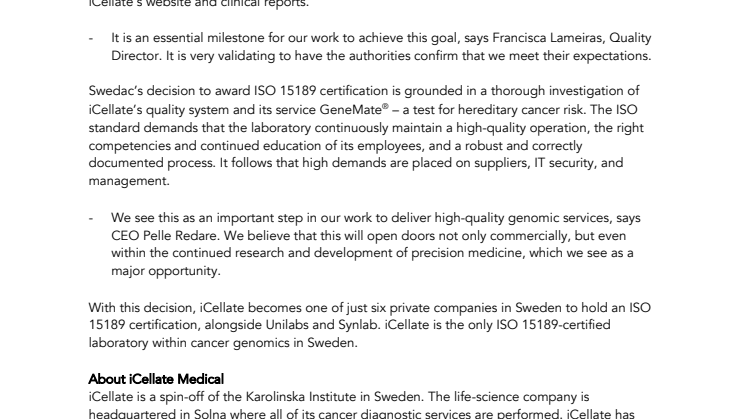 iCellate’s lab receives ISO 15189 certification by Swedac