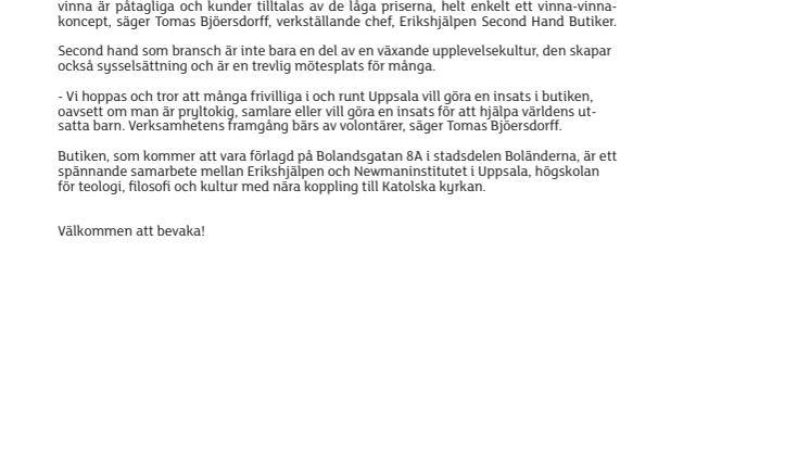 Erikshjälpen Second Hand öppnar sin 55:e butik i Uppsala