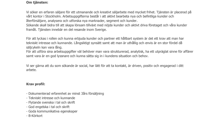 Ledig tjänst - Systemsäljare