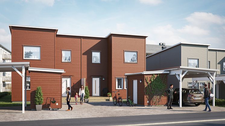 Illustration av entrésida med uppfart, BoKlok Sargen i Östersund. 