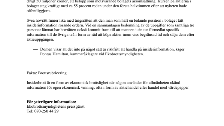 Fällande domar för samtliga åtalade för insiderbrott i Cybaero 