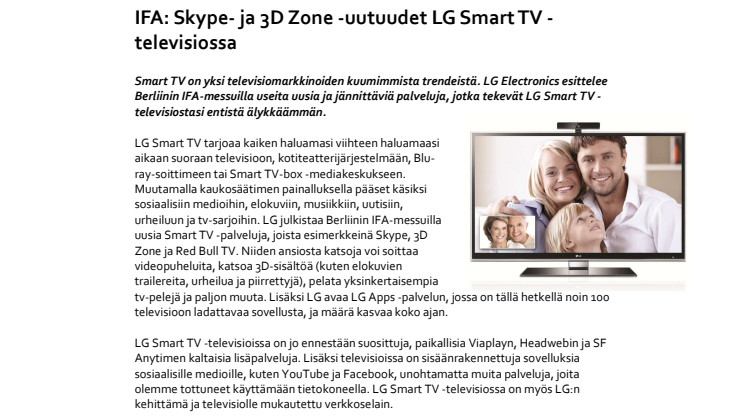 IFA: Skype- ja 3D Zone -uutuudet LG Smart TV -televisiossa 