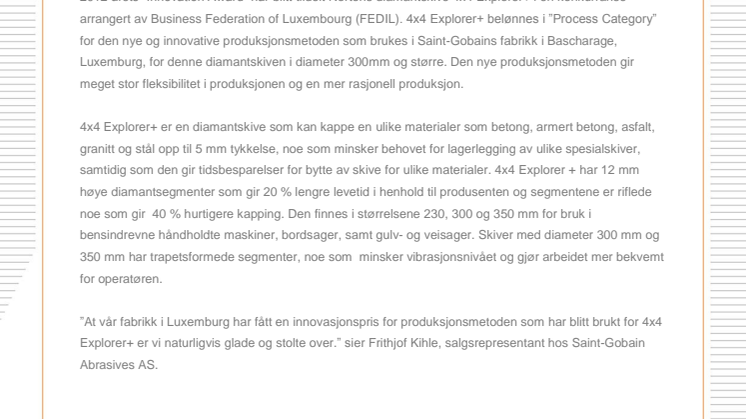 Innovasjonspris til Norton diamantkappeskive 4x4 Explorer+ 