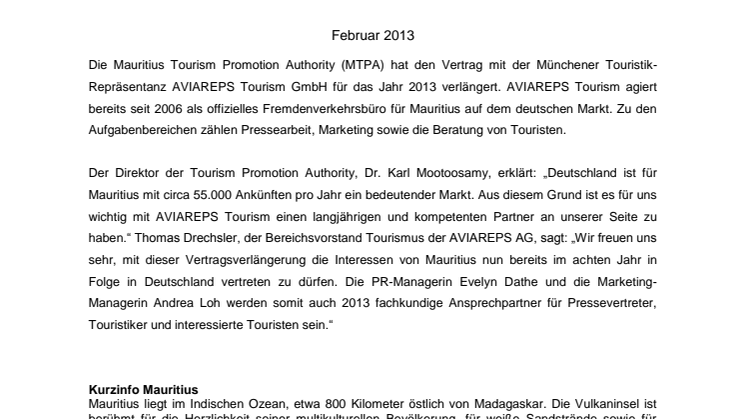 Mauritius Tourism Promotion Authority setzt Zusammenarbeit mit AVIAREPS Tourism fort