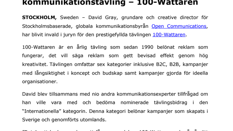 Open Communications’ grundare David Gray tar plats i juryn för Sveriges främsta kommunikationstävling – 100-Wattaren