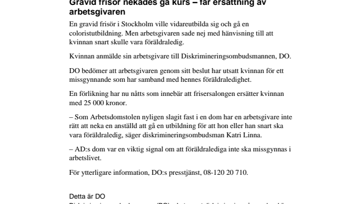 Gravid frisör nekades gå kurs - får ersättning av arbetsgivaren