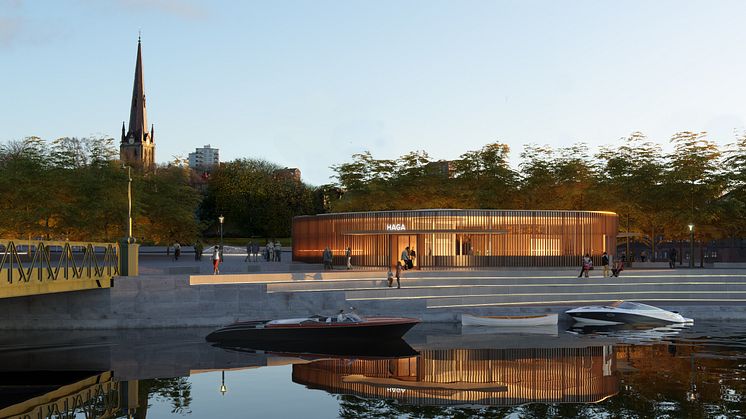 Det vinnande förslaget till stationsbyggnad på Pusterviksplatsen mellan Rosenlundskanalen och Haga.Visionsbild: Gottlieb Paludan Architects och ÅF Infrastructure