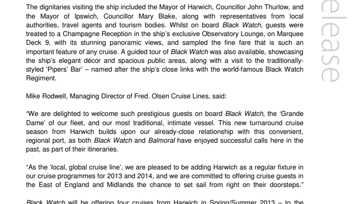 Fred. Olsen Cruise Lines’ Black Watch celebrates  new cruise season from Harwich