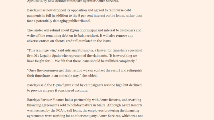 Financial Times story June 18th 2021.  Barclays Partner Finance admits defeat after campaign by timeshare lawyer supported by European Consumer Claims