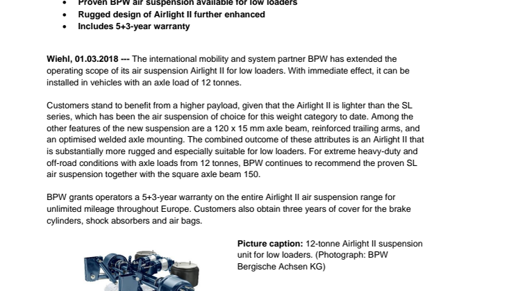 Axle load of 12 tonnes now within reach of BPW air suspension Airlight II
