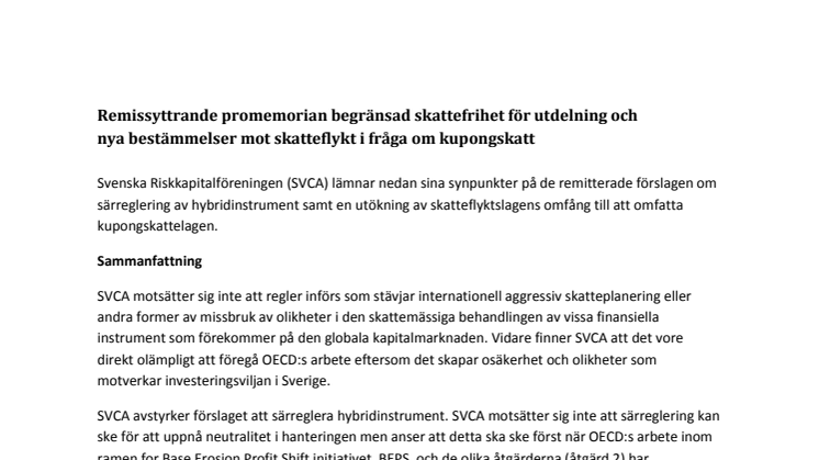 ​Remissyttrande promemorian begränsad skattefrihet för utdelning och nya bestämmelser mot skatteflykt i fråga om kupongskatt