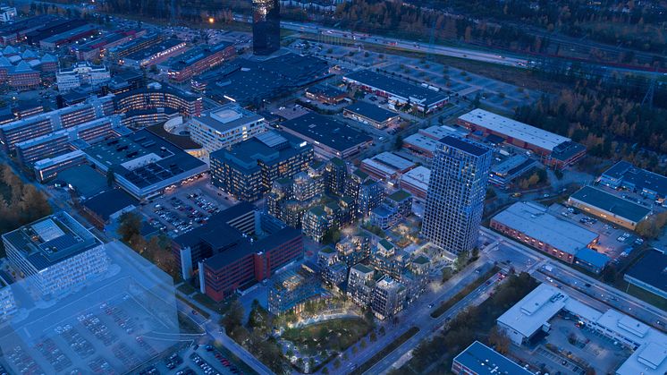 Flygvy över det nya kvarteret Myvatten i Kista. Bild: Dreem Arkitekter 