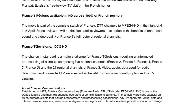 France Télévisions ramps up Eutelsat capacity for HD broadcasting of all France 3 regional channels