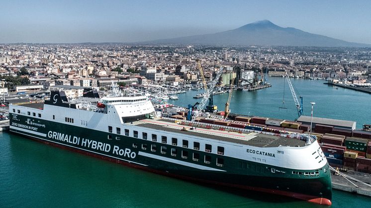 Grimaldi Group's Eco Catania, one of the new Grimaldi Green 5th Generation Ro-Ro vessels. Kongsberg Maritime will supply engineering and technology for two more such vessels.
