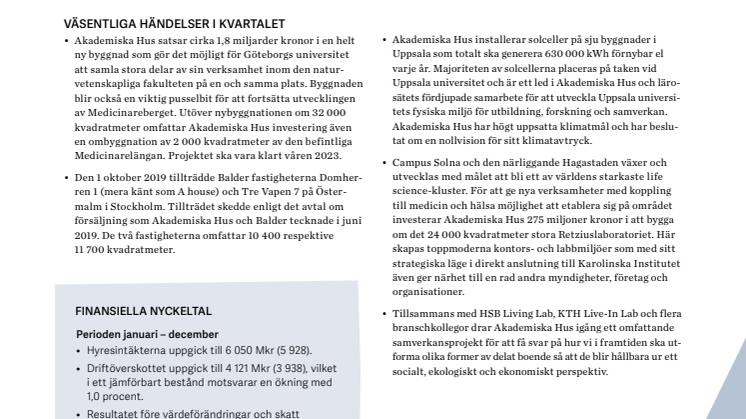 Akademiska Hus bokslutskommuniké 2019
