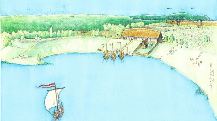 Den vikingatida gården sedd från norr. Rekonstruktionsteckning av Jacques Vincent.